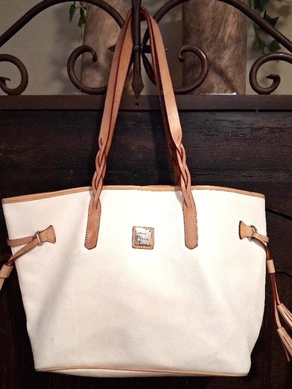 Dooney & Bourke Creamy White Leather Charleston Large Tote with tan trim